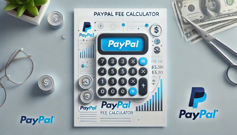 A modern and professional featured blog image for "PayPal Fee Calculator," displaying a calculator, PayPal logo, and financial elements such as coins and transaction charts